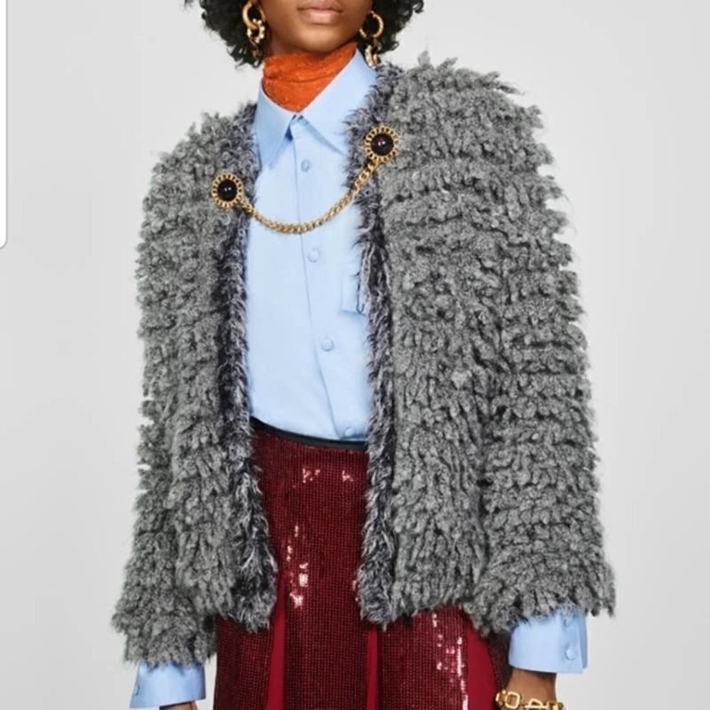 ZARA Faux Shearling Jacket Open Coat Brooch